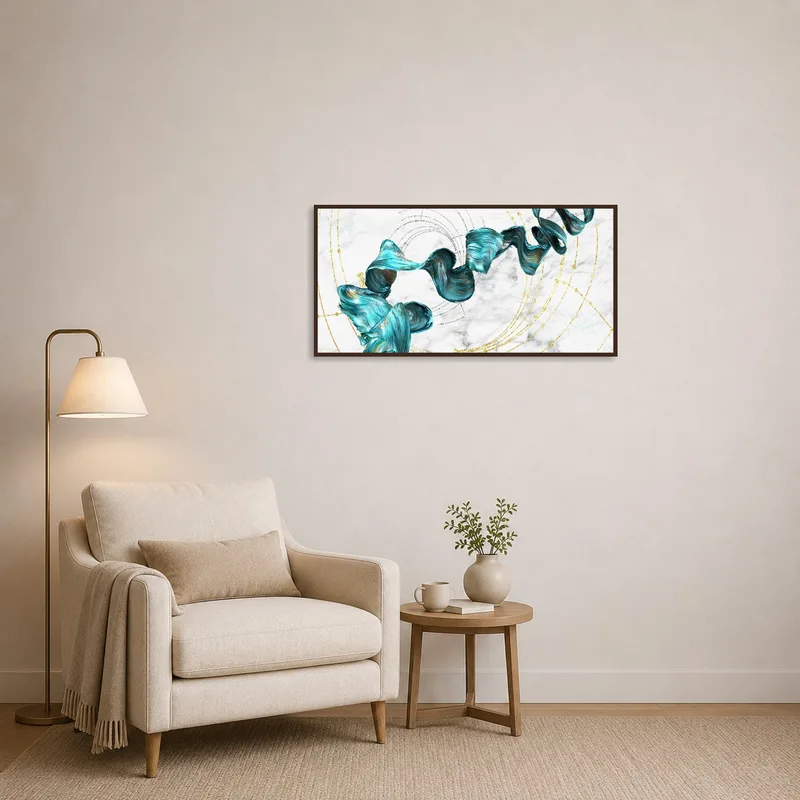 Turquoise and gold swirl art enhancing a cozy reading corner feel.