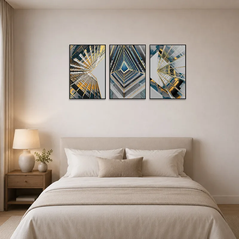 Bedroom with abstract urban architecture art, offering a modern, serene focal point.