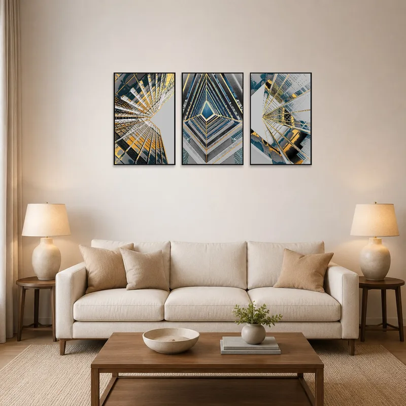A triptych set of abstract urban architecture art on a living room wall, adding modern flair.