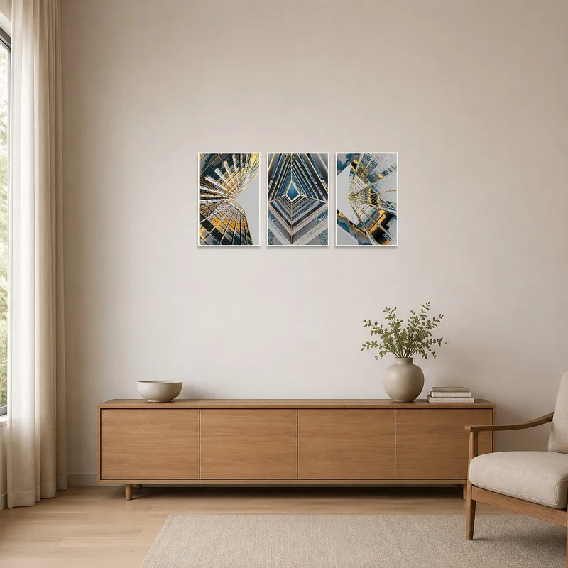 Minimalist room featuring abstract urban architecture art, infusing sleek sophistication.