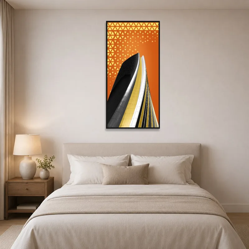 Abstract urban-themed artwork hanging in a serene bedroom.