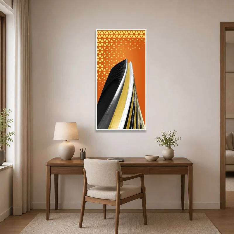 Sophisticated geometric urban art enhancing a home office.