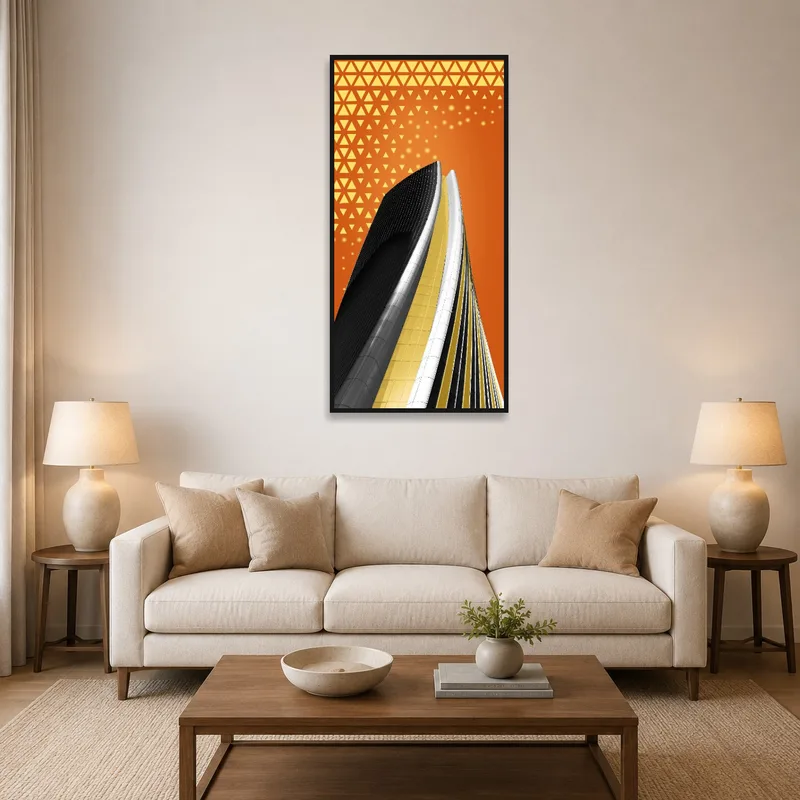 Abstract urban architecture art above a modern living room sofa.