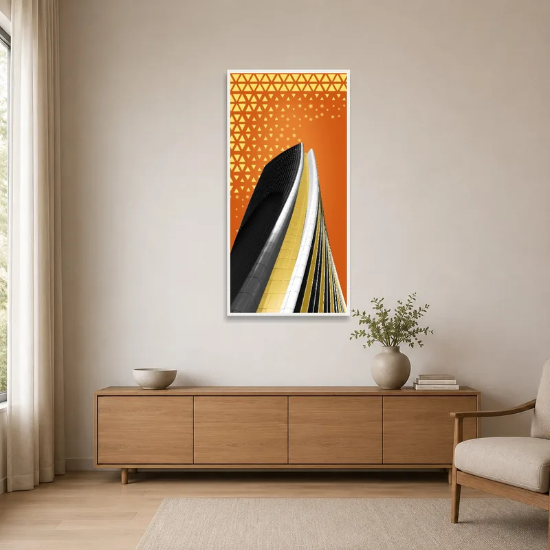 Geometric urban artwork in a sparse minimalist room.