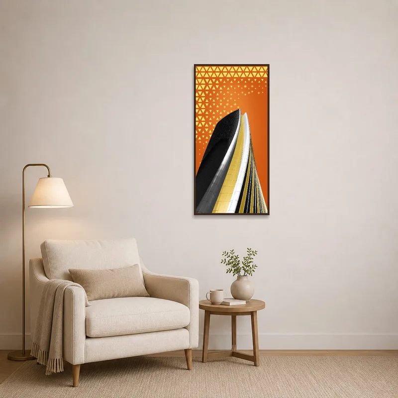 Geometric architecture art displayed in a cozy reading corner.