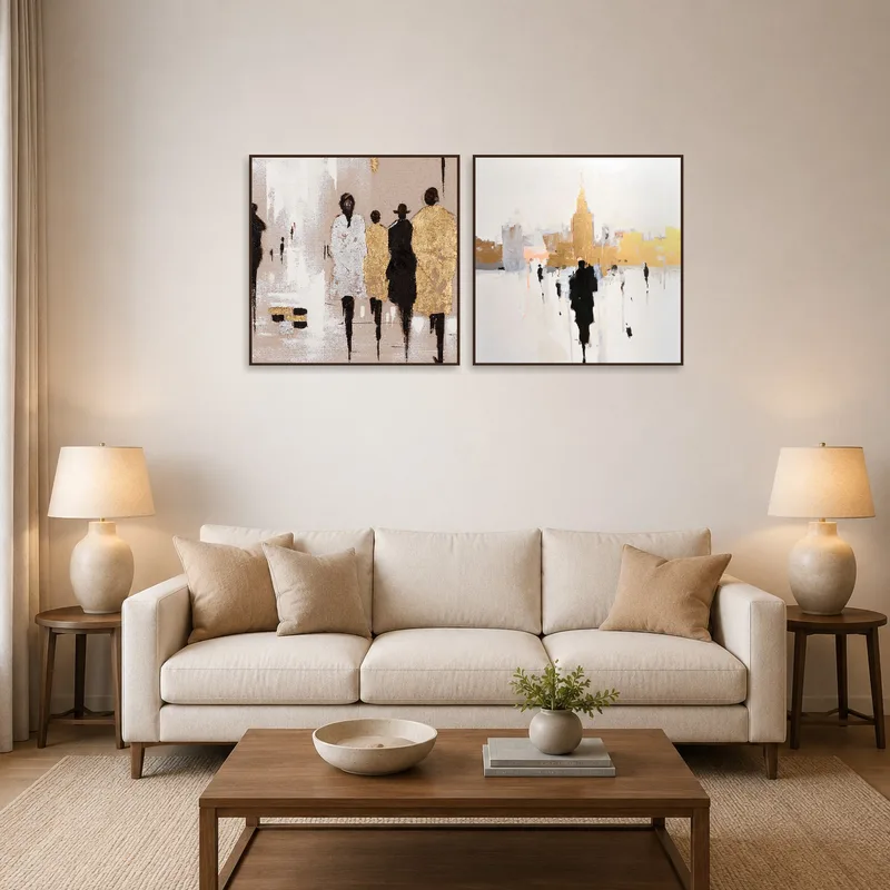 Abstract urban figures artwork in gold and black displayed above a modern living room sofa.