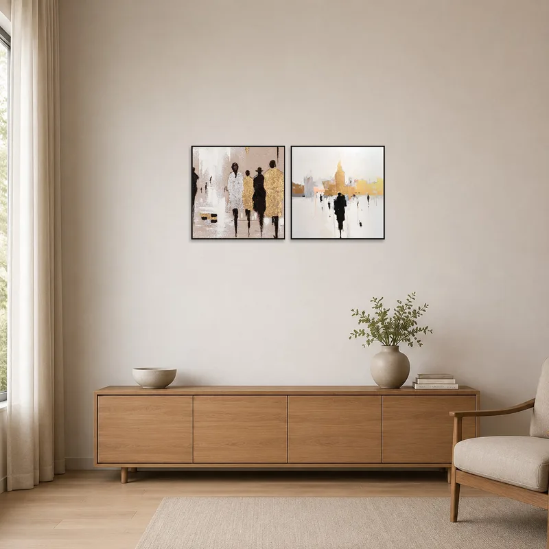 Contemporary abstract figures art in a minimalist setting with clean lines and neutral tones.