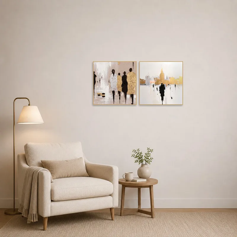 Abstract urban figures art set brings a modern touch to a cozy reading corner.