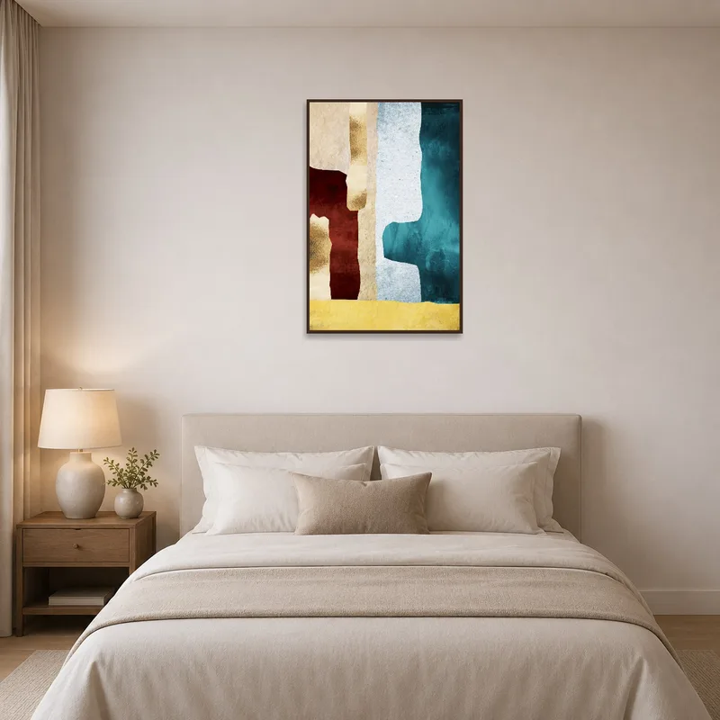 Earthy abstract art adding warmth above a bed with neutral bedding colors.