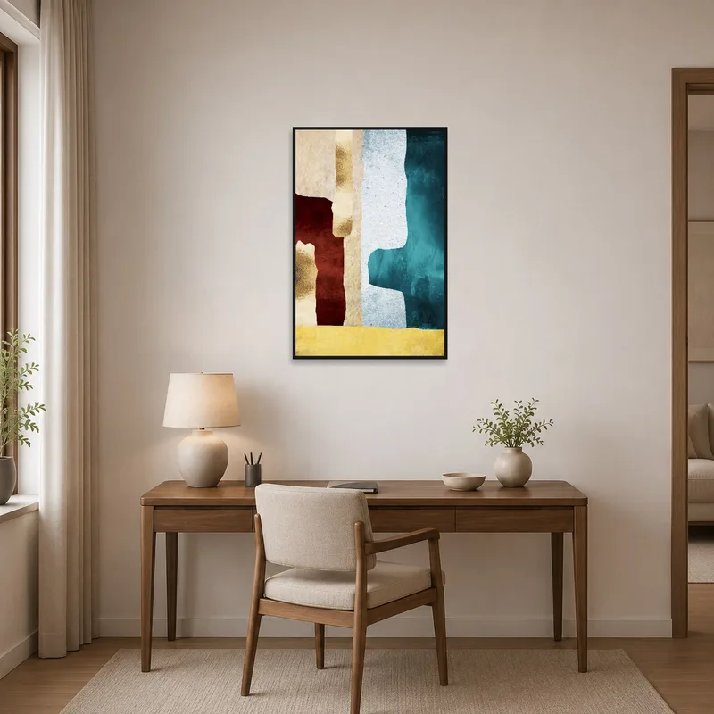 Abstract layers art enlivening a home office with a neutral desk and chair.