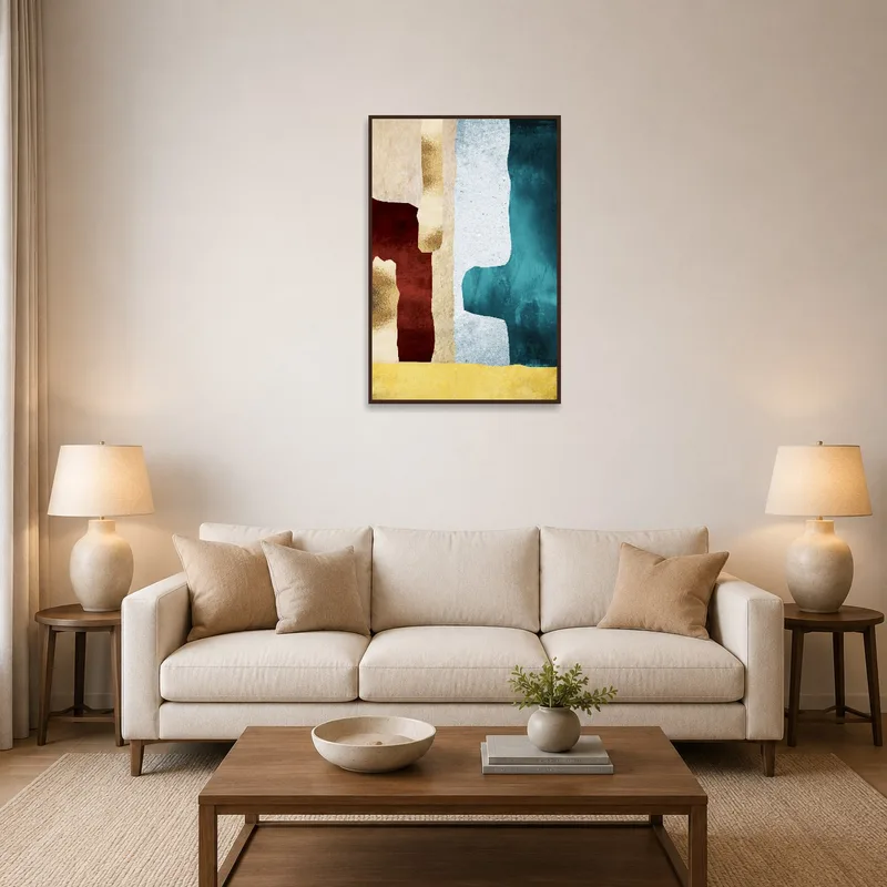 Abstract Vertical Layers art in earthy tones above a cozy living room sofa.