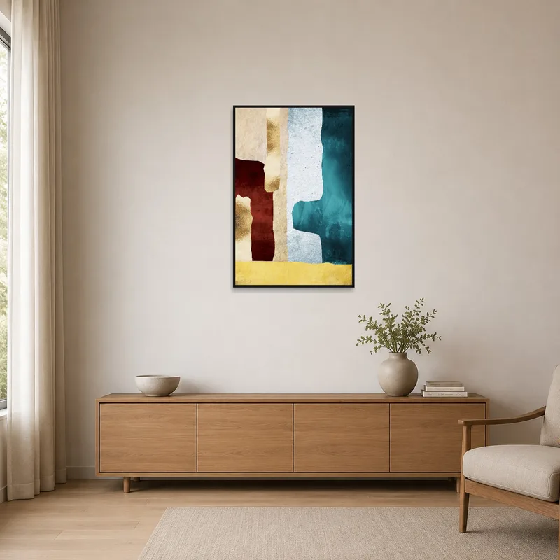 Earthy tones abstract art in a minimalist room with white walls and simple furniture.