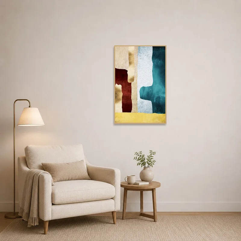 Art in earthy tones enhancing a reading corner with a comfy chair and a small shelf.
