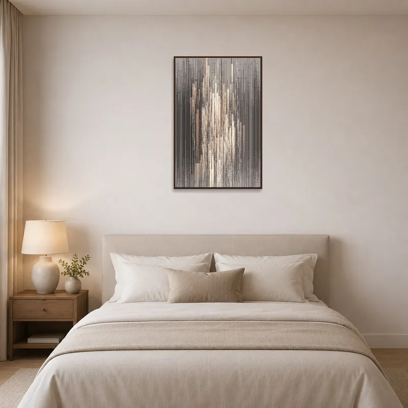 Geometric overlay with abstract vertical lines brings style to a bedroom above a contemporary bed.