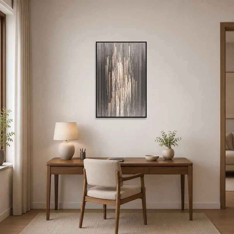 Abstract art with vertical lines and geometry enhances a home office wall above a sleek desk.