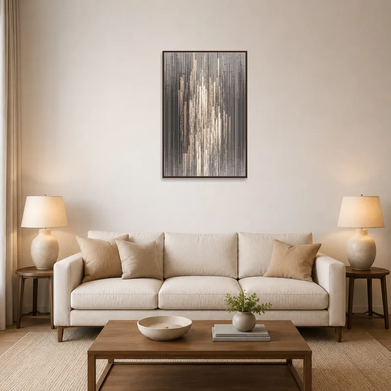Abstract vertical lines with geometric overlay on a living room wall above a modern sofa.