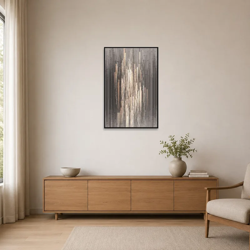 Geometric abstract art with vertical lines on a clean white wall in a minimalist setting.