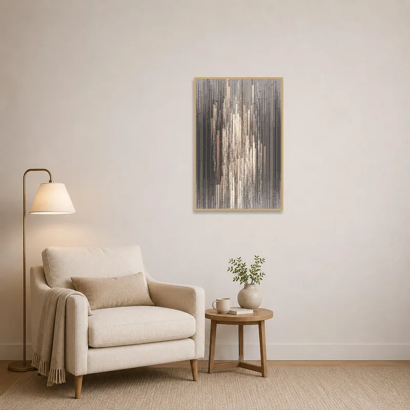 Vertical lines with geometric patterns adorn the wall of a cozy reading corner with an armchair.