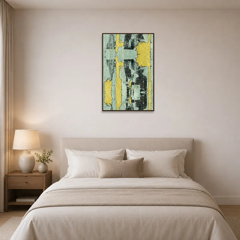 Bedroom setting with vintage texture art enhancing a restful space with soft, earthy tones.