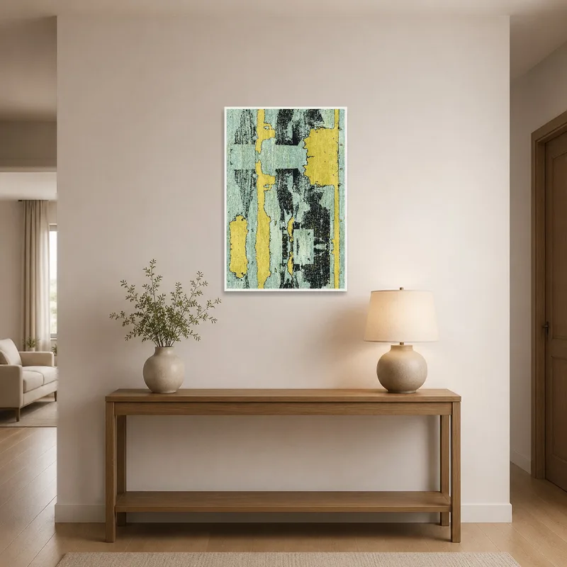 Entrance hall featuring vintage texture artwork, providing an eclectic touch to a welcoming space.