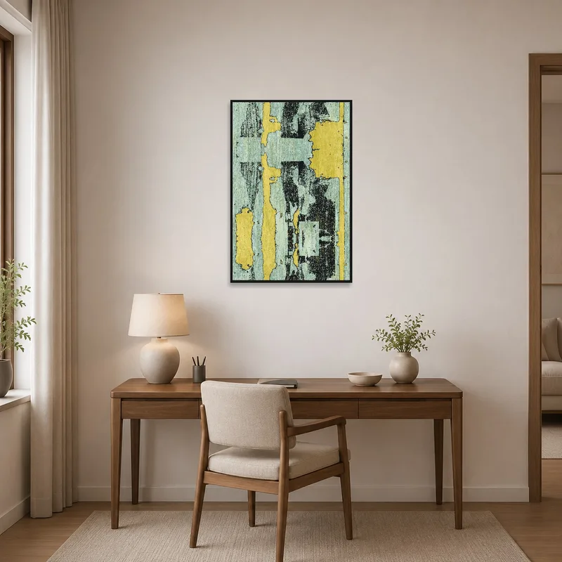 Home office showcasing vintage texture art, bringing a creative vibe to a productive environment.