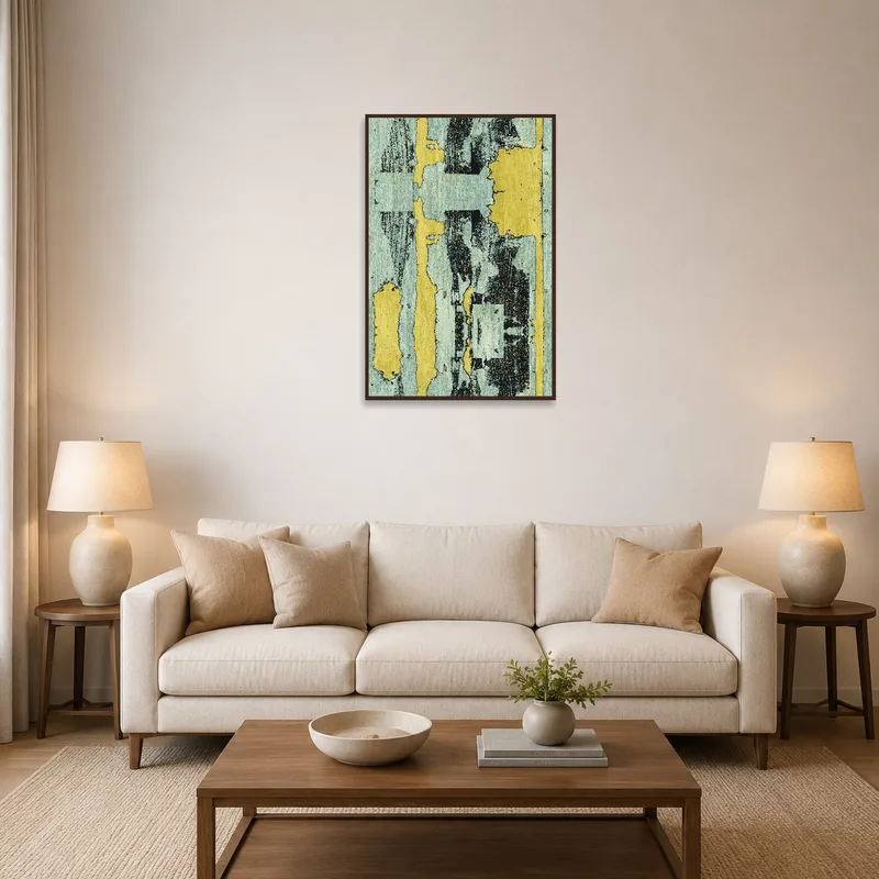 Abstract vintage texture artwork displayed above a modern living room sofa with green plants.