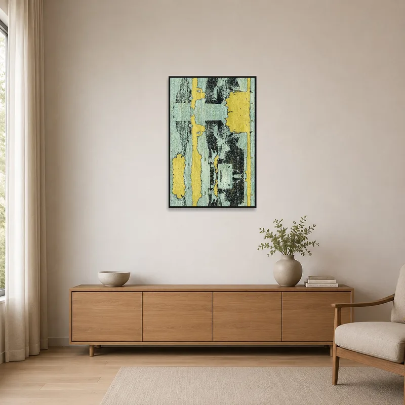 Minimalist interior with an abstract vintage texture art piece creating subtle texture on a white wall.