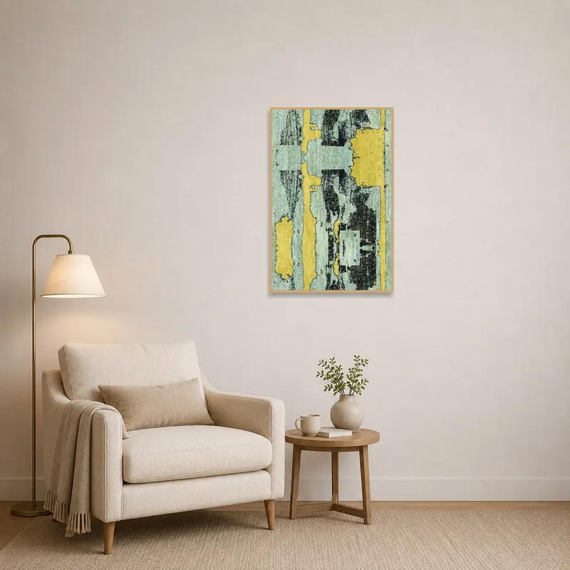 Reading corner with an abstract vintage texture art print, adding depth above a cozy armchair.