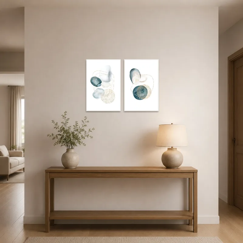 Sophisticated abstract watercolor with gold accents welcoming guests in a chic entrance hall.