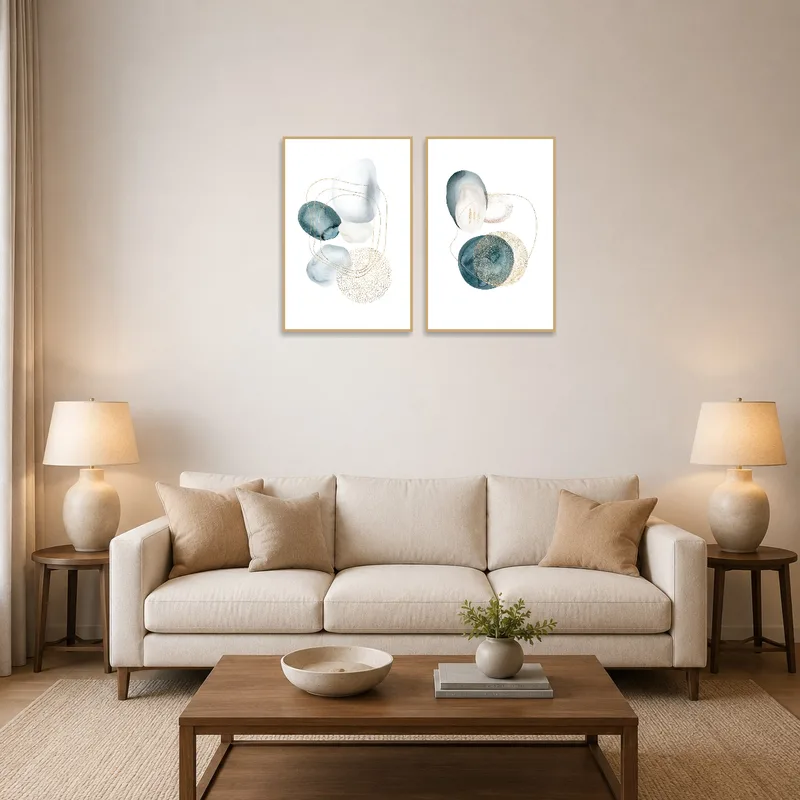 Abstract watercolor art with gold accents brightens a modern living room over a sleek sofa.