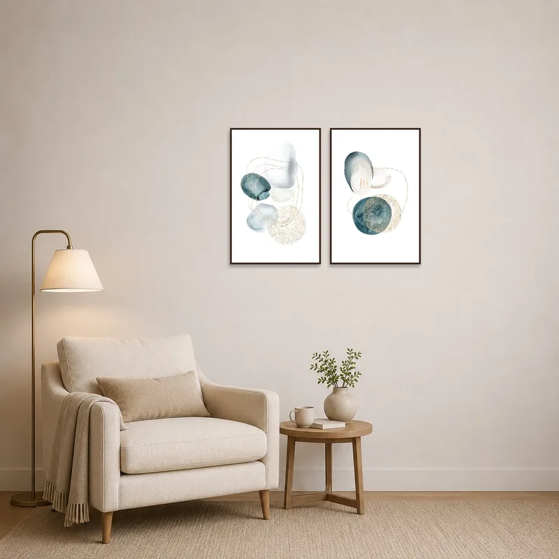 Cozy reading corner enhanced by abstract watercolor elegance with shimmering gold details.