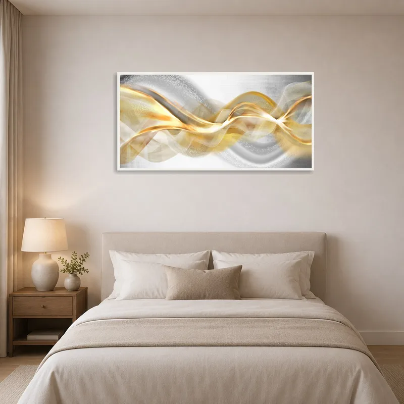 Sleek abstract wave motion art enhancing the serenity of a contemporary bedroom.