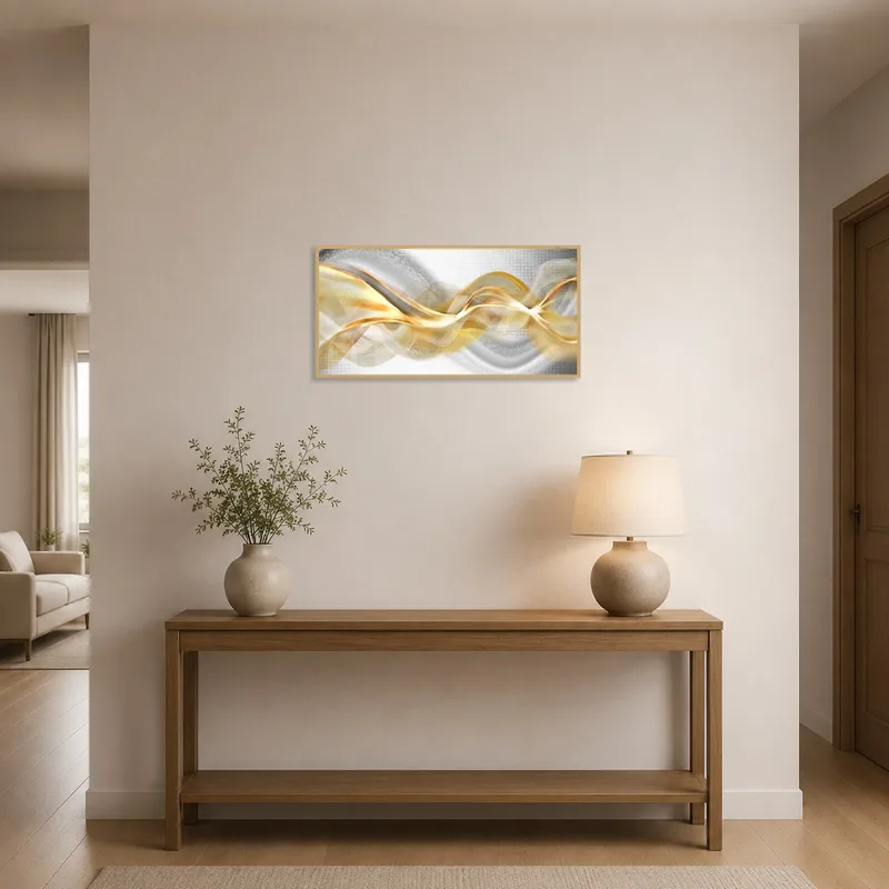 Gold and silver abstract art greeting guests in a stylish entrance hall.