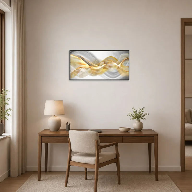 Gold and silver wave motion artwork inspiring creativity in a chic home office.