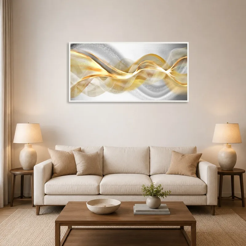 Abstract wave artwork in gold and silver tones above a modern living room sofa.