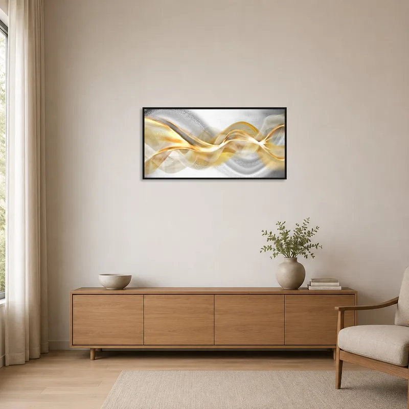 Sleek gold and silver abstract wave art complementing a minimalist room's clean lines.