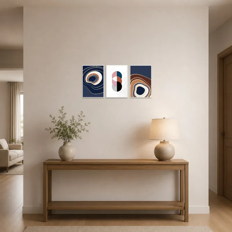 Abstract Waves and Circles prints make a striking first impression in a contemporary entrance hall.