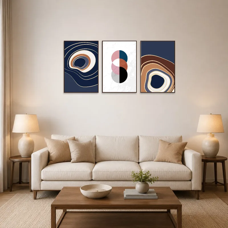 Abstract Waves and Circles artwork in a stylish living room with a modern sofa and coffee table.