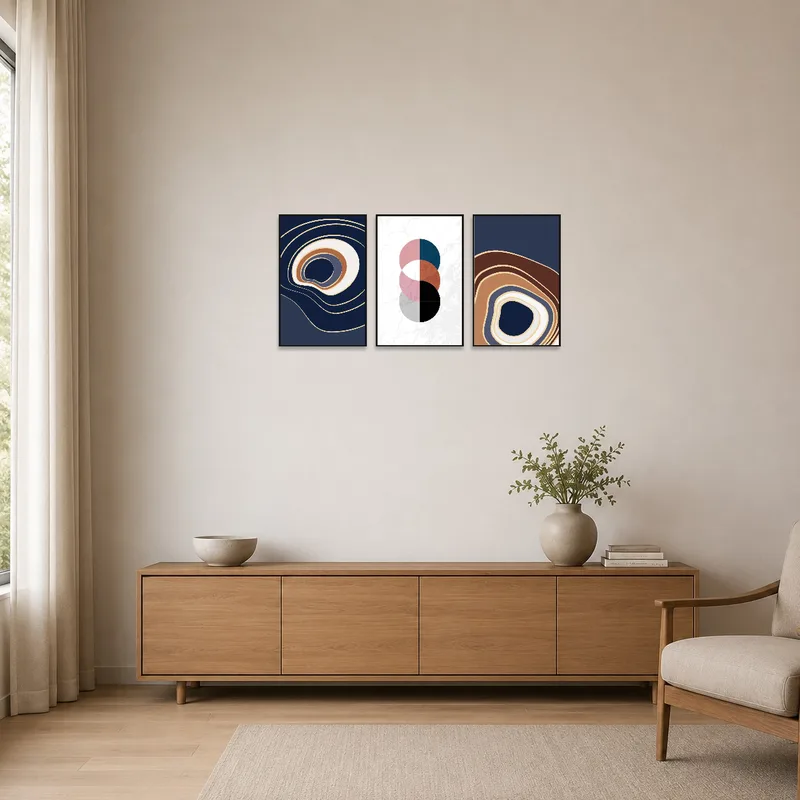 Abstract Waves and Circles art set complements a minimalist space with clean lines and neutral tones.