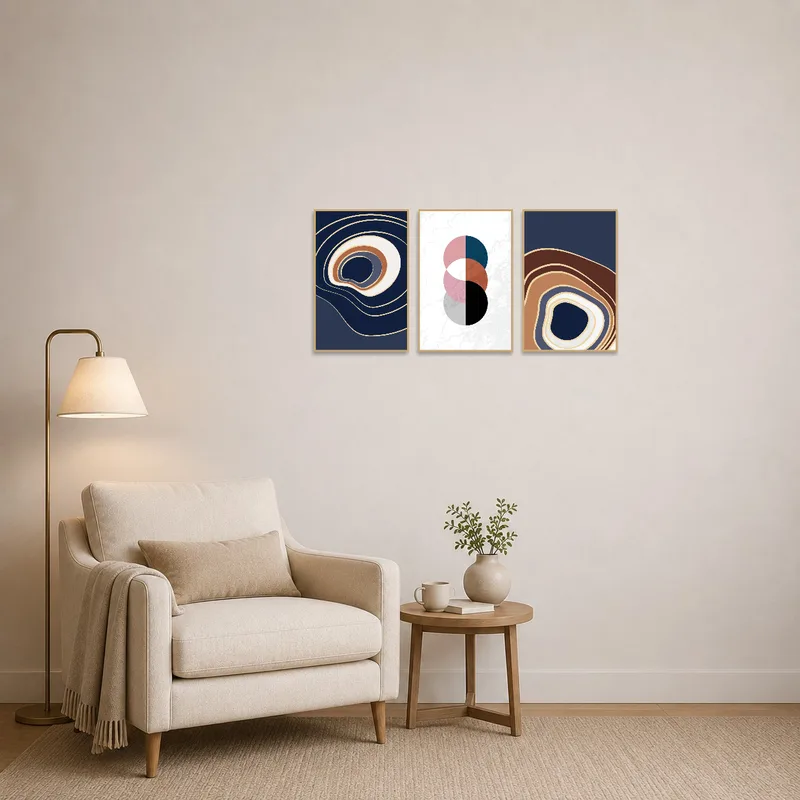 Abstract Waves and Circles art creates a soothing ambiance in a cozy reading corner with a lounge chair.
