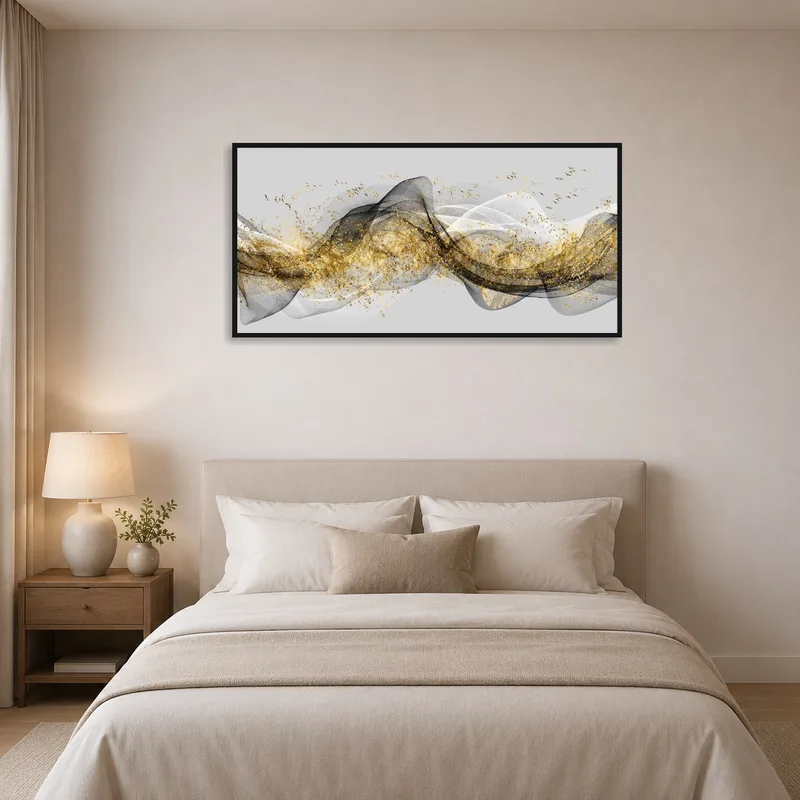 Serene bedroom featuring panoramic waves and golden accents.
