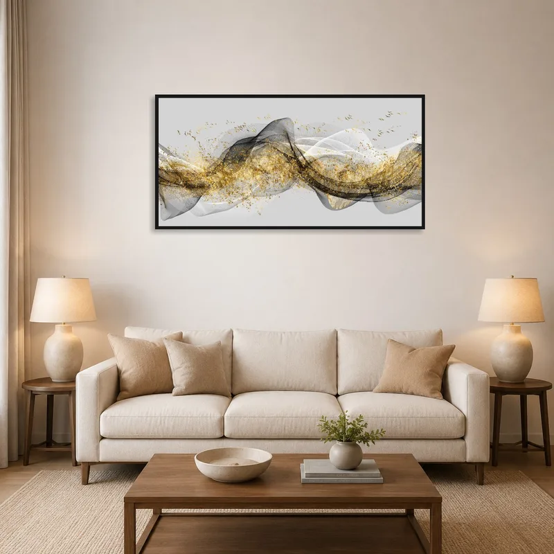 Panoramic art with flowing waves and gold in a cozy living room setting.