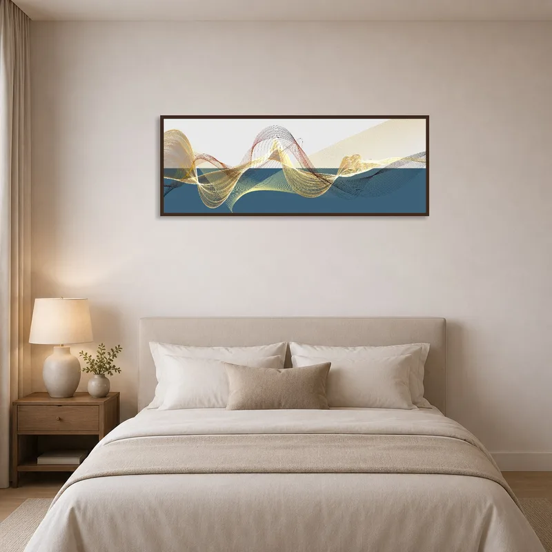 Bedroom ambience enhanced by a soothing art print of waves and lines above the bed.