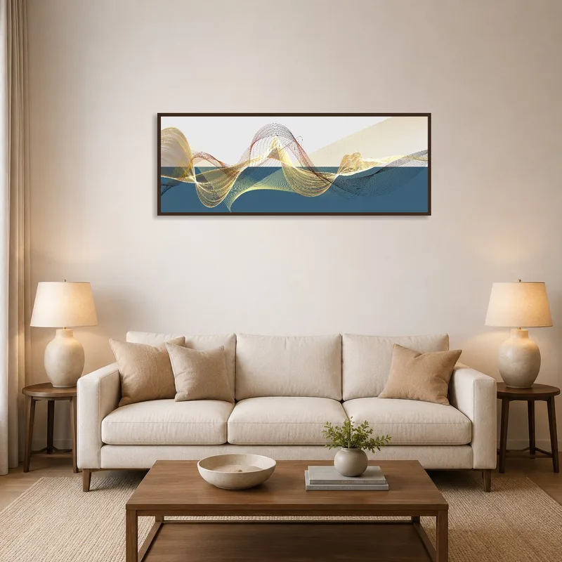 Panoramic print of abstract waves and lines above a modern sofa in the living room.