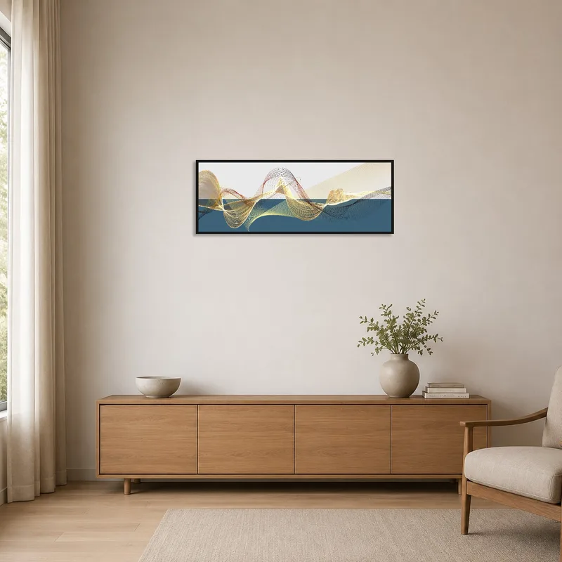 Minimalist room with abstract waves and lines art on a plain white wall.