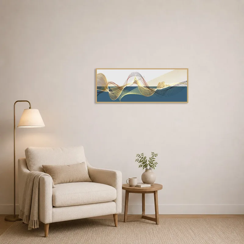 Reading corner featuring a captivating panoramic print of abstract waves and lines.
