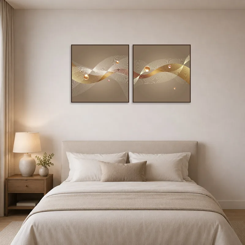 Abstract waves and spheres adding tranquility to a bedroom ambiance.