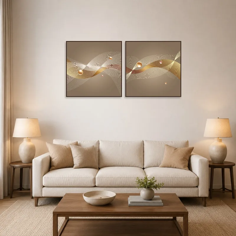 Abstract waves and spheres artwork above a stylish sofa in a cozy living room.