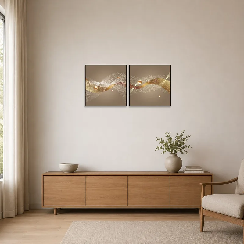 Abstract waves and spheres against a clean, minimalist wall setting.