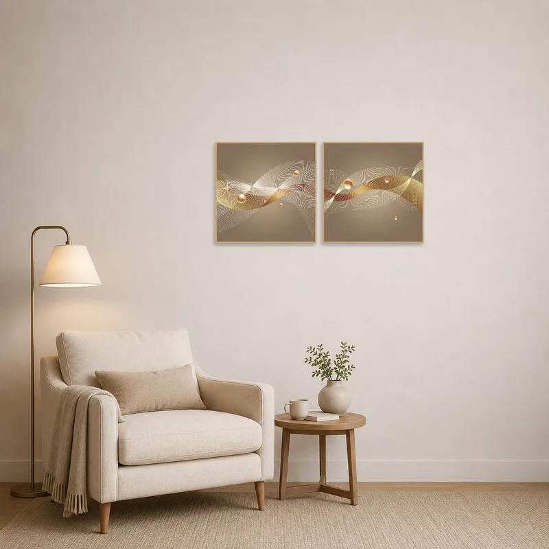 Abstract piece with waves and spheres in a calm reading corner setting.